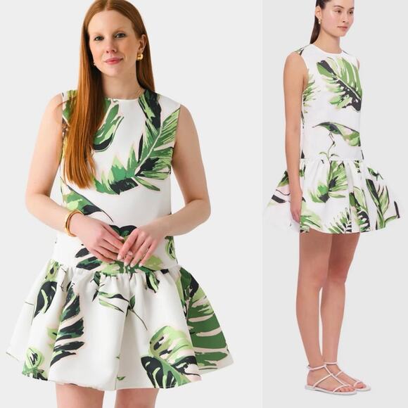 Leo Lin Petra Floral Botanica Print Mini Dress White Green Size US 8 - Picture 4 of 11
